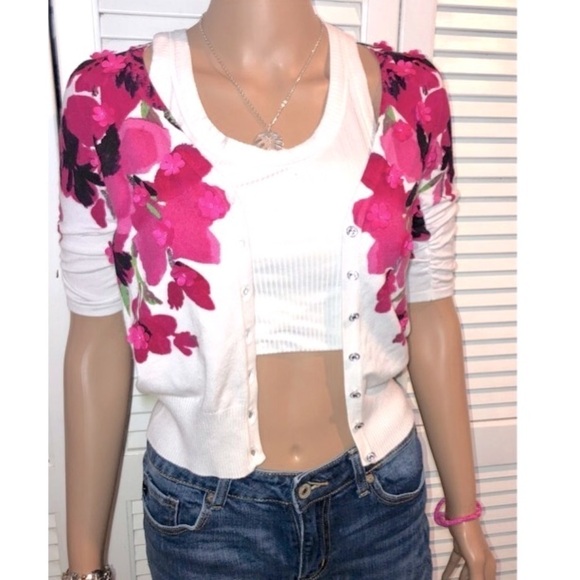 INC International Concepts White mini cardigan with Hot Pink Embellished flowers - Picture 2 of 12